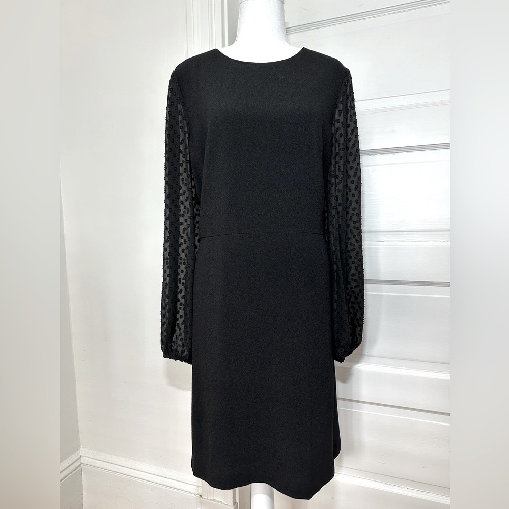 NWT Ann Taylor Black Crepe Dress w Sheer Swiss Dot Sleeves, Size 14